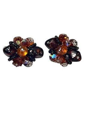 Vintage Vendome Beaded Orange Brown Cluster Clip On Earrings 60s Glamorous Retro